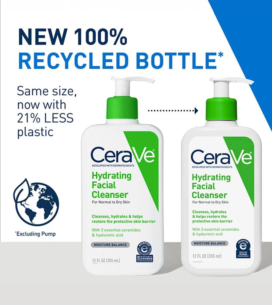 CeraVe hydrating facial cleanser bottles with recycled bottle information on a white background